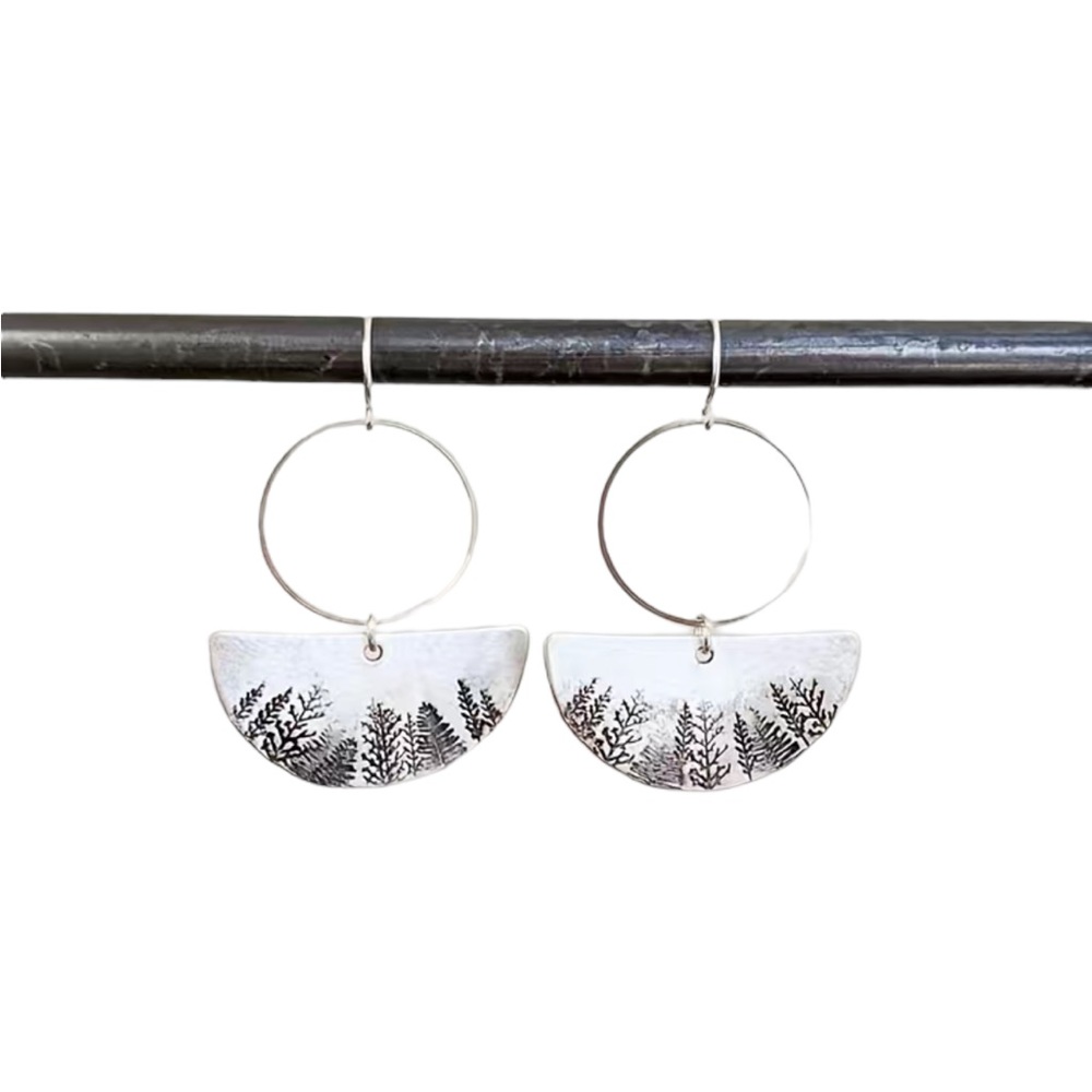 Silver Half Circle Drop Earrings with Tree Engravings